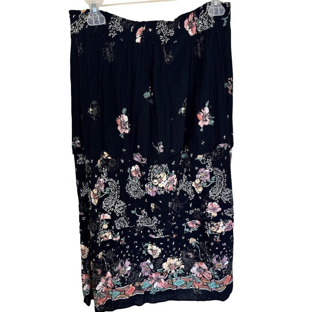 Carole Little Womens Skirt Floral Boho Style Black Tiered Midi Skirt 90s Vtg